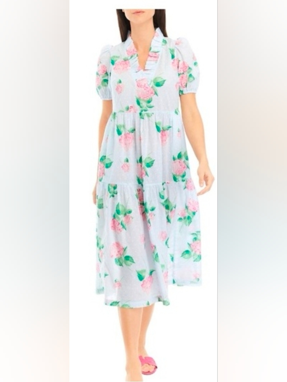 NWT CROWN & IVY Light Blue Floral Tiered Midi Dress with Pink Roses SZ L
